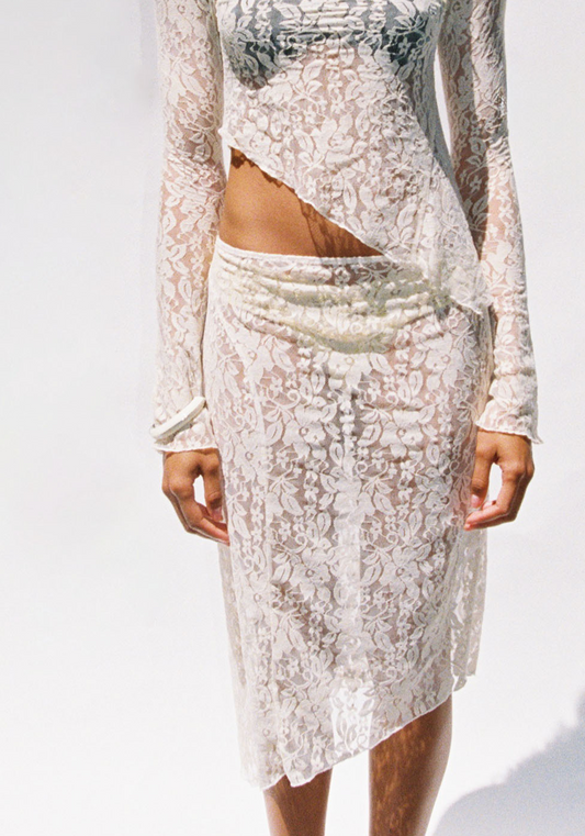 Demeter Midi Skirt in Sandstone Lace